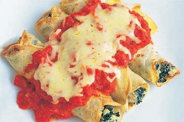 Silver beet &amp; ricotta crepes with tomato sauce