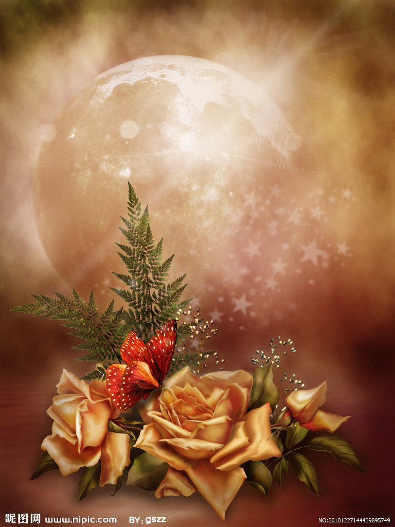 圆月蝴蝶玫瑰梦幻浪漫背景