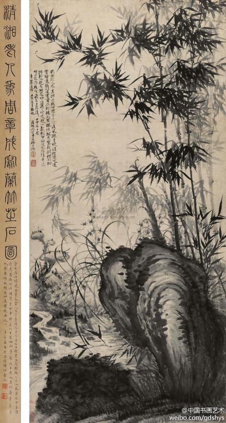 清 石涛 1704年作《兰竹芝石图》--- 石涛尤其善用“截取法”以特写之景传达深邃之境，笔情恣肆，淋漓洒脱，不拘小处瑕疵，作品具有一种豪放郁勃的气势，以奔放之势见胜。