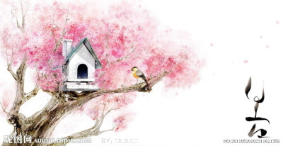 卡通水彩画樱花小屋背景