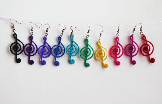 Treble Clef Earrings, Music Note Earrings, Musical Earrings, Rainbow Colors, red, pink, yellow, green, blue, navy, purple, black