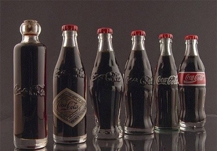 可口可乐的经典包装，左至右依次为：1899年 – 1900年 – 1915年 – 1916年 – 1957年 – 1986年