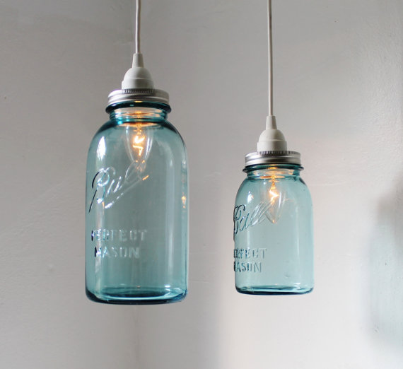 Sea Glass Mason Jar Pendant Lights - set of 2 hanging antique blue BALL perfect mason jar lighting fixtures - BootsNGus Lamps