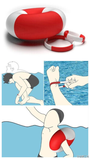 【自救手环（Self Rescue Bracelet）】在你单独游泳时，它可以变成一个不错的漂浮装置。平时可以当做手环佩戴，紧急情况下如腿抽筋时，只需用力拉下手环，它就会马上充气膨胀成一个救生圈，确保你在水中的安全