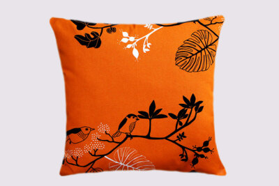 Thick bright Orange cotton Throw pillow case with Birds, Designer fabric, fits 18"x18" insert, Toss pillow case, Cushion case.