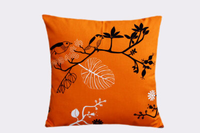 Thick bright Orange cotton Throw pillow case with Birds, Designer fabric, fits 18"x18" insert, Toss pillow case, Cushion case.