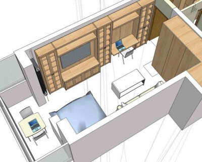 在床和沙发对面设置电视柜、书柜及写字台一体柜，解决小户型空间小问题。