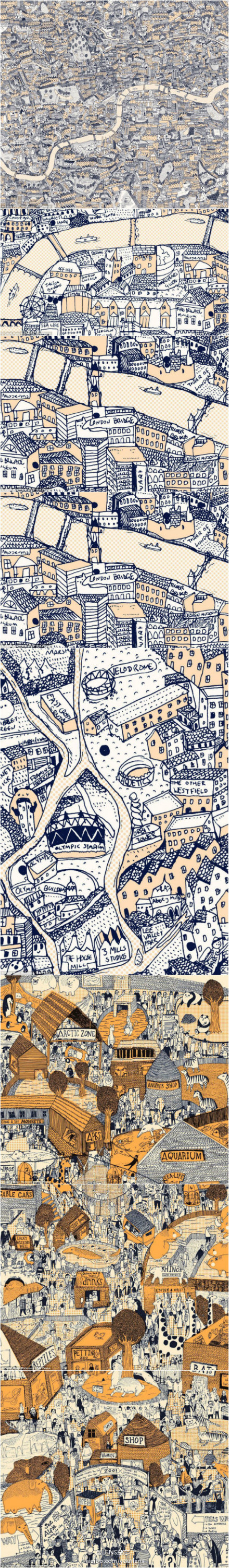 【伦敦上河图】23岁的平面设计师David Ryan Robinson在迷一次路后决定手绘一张伦敦地图，这张细致极微的全图，就是是其花费6个月时间的大作。