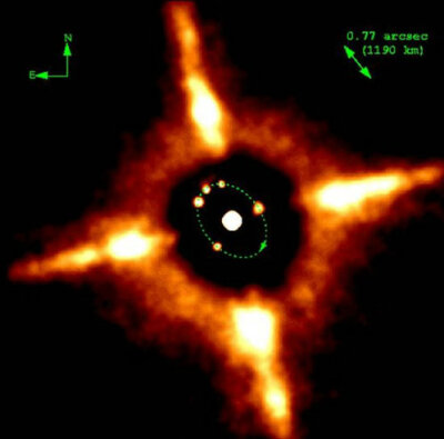 这张图片上显示的是一颗围绕着小行星运转的卫星。这是科学家首次拍到这样的照片