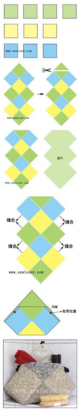 1、裁剪10块边长为16.5厘米的正反形布料（三种颜色） 2、如下图所示将他们拼接，拼好之后剪掉顶部其中一个三角。 3、根据拼接好的形状裁剪一块里布。 4、将两侧的边如下图所示缝合，里布也做相同缝合。 5、然后将包…