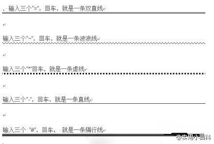 【Word画线条5大技巧】 1.输入三个“=”，回车，就是一条双直线 2.输入三个“~”，回车，就是一条波浪线 3. 输入三个“*”回车，就是一条虚线 4.输入三个“-”，回车，就是一条直线 5.输入三个 “#”，回车， 就是一条隔行线。