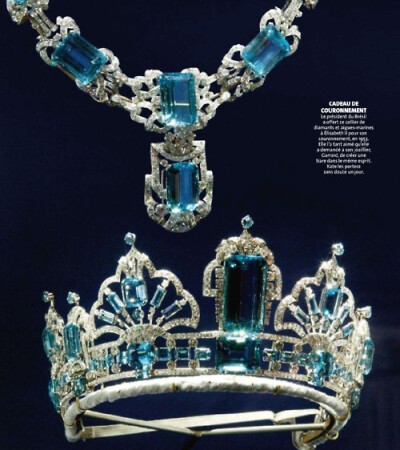 Brazilian aquamarine and diamond tiara and necklace given by Brazilian president Getúlio Vargas as coronation gift to Queen Elizabeth II in 1953.