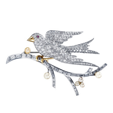Diamond and Pearl Swallow Pin, in Platinum