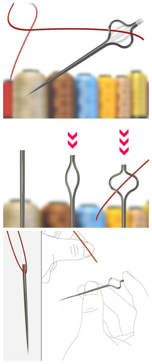 这款设计师Woo Moon-Hyung设计的大眼针，从外观上看，这个针与普通的针别无两样。但是就因为一点小小的创意让它与众不同，使麻烦变成了简单，当需要穿线的时候只需要压住这个针的顶端，就会出现一个大大的孔，像张开的眼睛一样，这样就可以把线很顺利的穿过去，放开后顶端会自动恢复成原来的样子。不过在材料方面设计师没有详细的说明，要实现这个功能材料应该是致关点。由于针都是很细的，当手指压住针头的时候会不会戳到手，这些问题都还有待设计师去解决。（来自网站：创意酷）