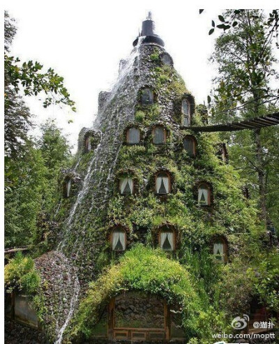 【智利森林奇特旅馆如科幻片场景 树干作浴缸】在智利的原始森林深处有一所奇特的建筑，它形似火山，外墙被苔藓和杂草覆盖，游客要想进去，只能通过半空中的一个吊桥。这个犹如科幻片中的建筑实际上是一家旅馆。