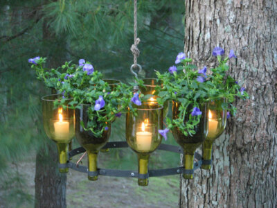 Recycled Wine Bottle Hanging Herb Garden Planter or Decretive Chandelier