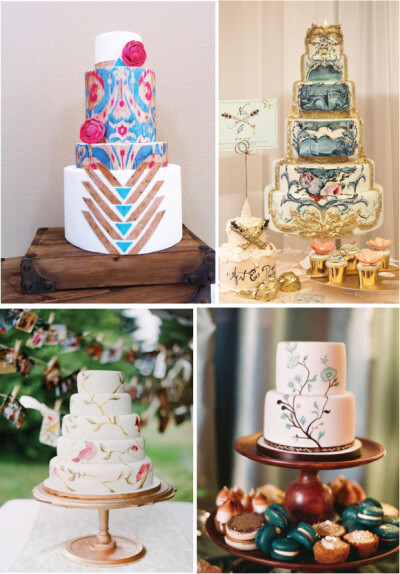 手绘风格的婚礼蛋糕，蛋糕上的美丽创作
