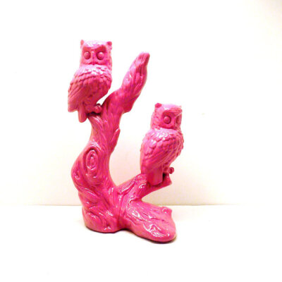 owl decor, upcycled ceramic figurines // hot pink owls, kids decor, nursery, bird figurines, 70s, mod, bright housewares, tree