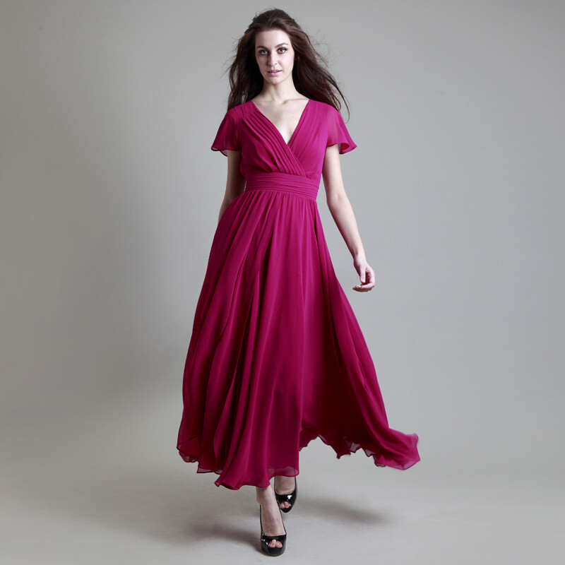 首尚格释2012原创新款时尚V领大摆玫红雪纺连衣裙晚礼长裙LYQ-080