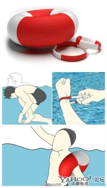 【自救手环（Self Rescue Bracelet）】在你单独游泳时，它可以变成一个不错的漂浮装置。平时可以当做手环佩戴，紧急情况下如腿抽筋时，只需用力拉下手环，它就会马上充气膨胀成一个救生圈，确保你在水中的安全（转）