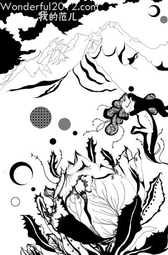 雪莲：线条交错，惬意的勾勒出一幅黑与白的画面，映衬雪莲的纯净。艺术家：吴健雄 www.5dfanr.com