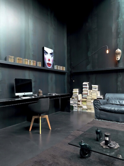 Dark and moody living/work space