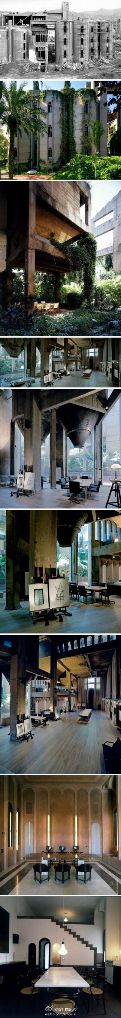 設計物語LAI：#建筑物语#西班牙建筑师 Ricardo Bofill 竟然将这栋如古城堡般的建筑改造成了自己的私家庄园。Bofill 将原车间打通，用落地窗代替厚厚的水泥墙，形成一个挑高十余米的通透空间，而原有的拱形窗户和灌装…