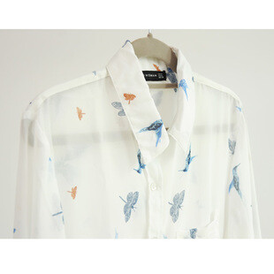 Vintage 昆虫鸟类复古印花 雪纺长袖衬衫