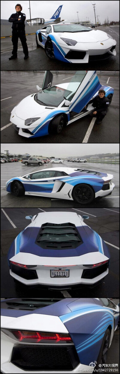 【“波音梦幻版”Aventador LP 700-4~】该车采用与Boeing 787 Dreamliner一样的彩绘涂装，更使用与波音787一样的高科技轻量化材质，让人过目难忘