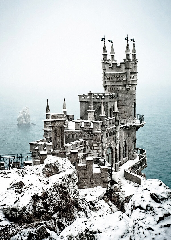 Palace Swallow’s Nest; photograph by Tim Zizifus. Info from National Geographic: The neo-Gothic Swallow's Nest castle perches 130 feet (40 meters) above the Black Sea near Yalta in southern Ukraine. Built by a German noble in 1912, the flamboyant seaside residence now houses an Italian restaurant.