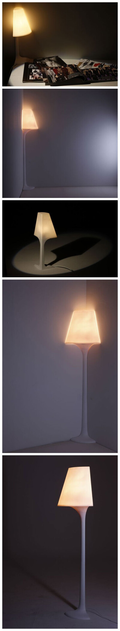 由韩国设计师Ji Young Shon设计的台灯，最吸引眼球打的就是它只是普通台灯的1/4，这样的设计就可以很方便的放在墙角边上，非常节约空间。并且有两种大小，小的可以作为桌面台灯，大的可以作为落地灯。（来源网站：创…