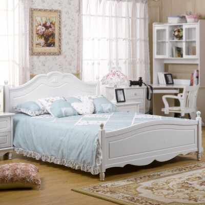 和购 田园卧室家具系列 白色双人板木床 1.5 HGLX7197 白色 韩式家具