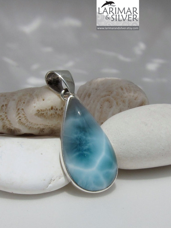 Larimar pendant, Listen to the Siren Cry - fantastic aqua teal Larimar oval teardrop