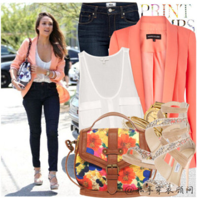 冰沙橙，偷放一缕阳光在你脸上~ Top：Joie；Blazer：Warehouse； Jeans：Paige；Sandals：JIMMY CHOO；Bag：ASOS