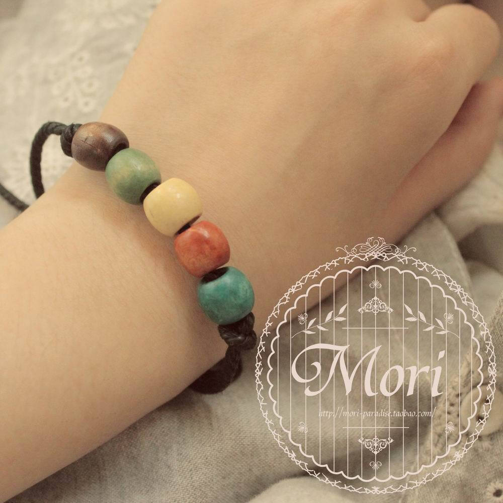 [mori丶堂]原创自制森林系小清新民族波希米亚彩色原木珠草绳手链