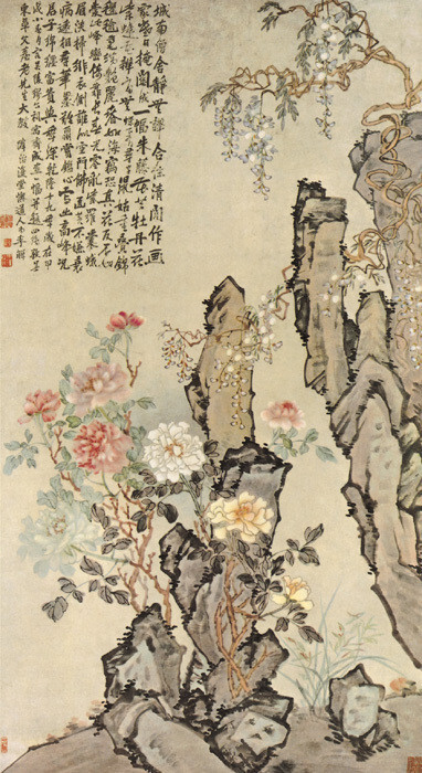 李鱓（1686—1762），字宗扬，号复堂，又号懊道人，兴化人，为“扬州八怪”之一。善花鸟，曾从师高其佩，进求林良、原济笔墨，画笔纵放，不拘绳墨。生平爱画五松图，老干杈丫，笔意飞舞，常以此自许。此幅画牡丹紫藤…