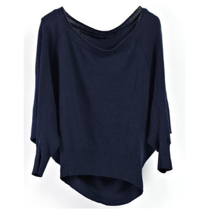 Navy Batwing Round Neck Cotton Long Sleeved Knit Sweater