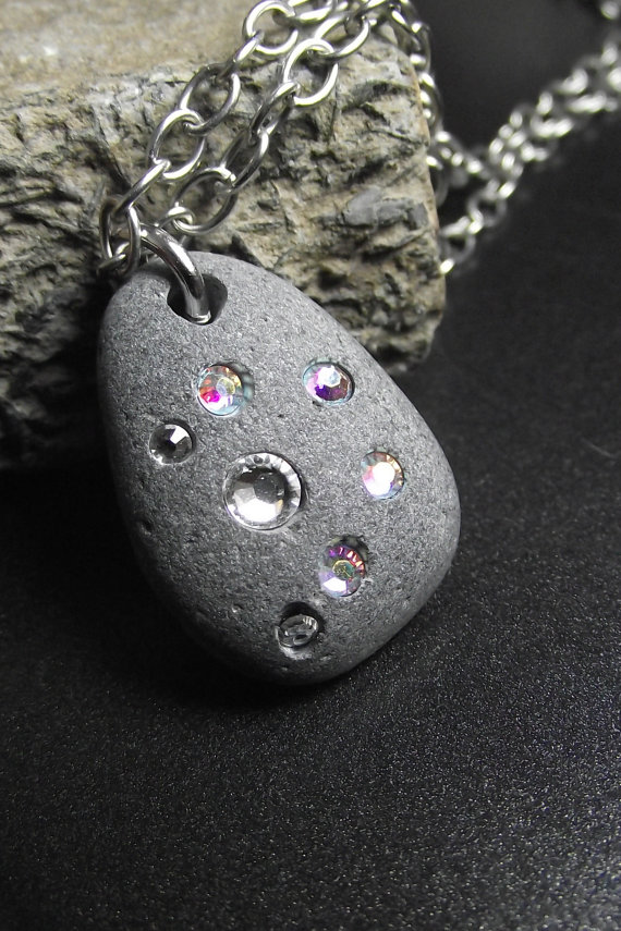 Beach Stone Jewelry - THE LONG way HOME - Beach Rock and Swarovski Crystal Necklace