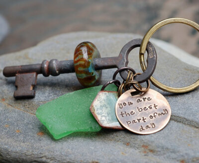 Skeleton Key Boro Glass Beaded Keychain Handstamped Tag, Drilled Sea Glass, The Best Part