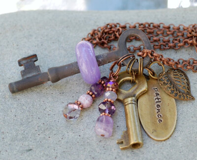 Skeleton Key Necklace, Boro Lampwork Glass Beaded, Steampunk Jewelry - Patience