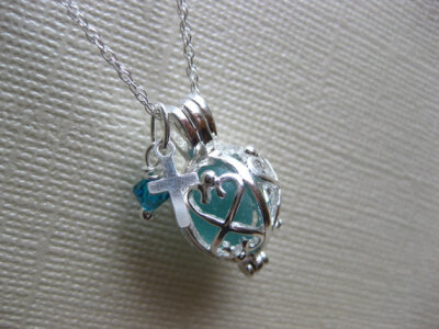 Authentic Aqua CROSS Birthstone Locket Seaglass SS chain