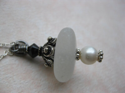 Thick frosy White pearl Antique seaglass necklace