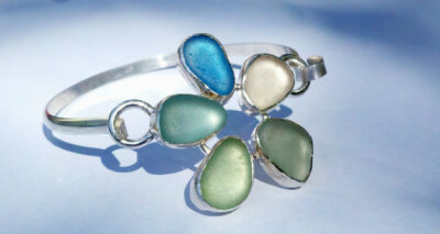 Sea Glass Jewlery. Sea Glass Flower Bracelet, Sterling Silver, Cuff, Sea Glass Flower, Beach Jewelry,