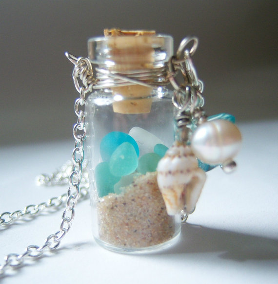 Glass Vial Necklace Glass Bottle Necklace Lake Michigan Beach Sand and Sea Glass Shell 24 inches