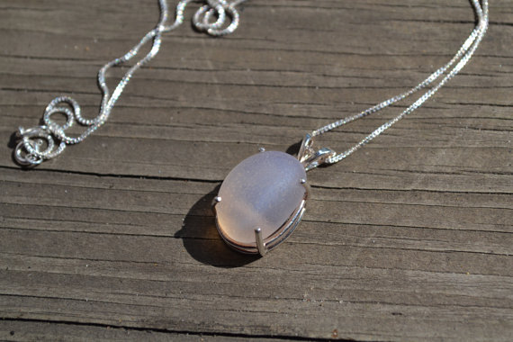 Opal Iridescent Pink Genuine Sea Glass Oval Pendant with Sterling Silver Mount and 18