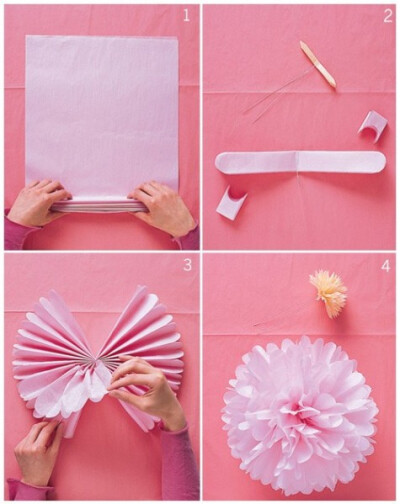  宣紙花球DIY：1.將宣紙等距離，前後翻折。2.將兩邊剪成圓弧狀，對折。3.對折處用鐵絲固定。4.展開。