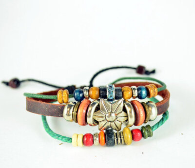 3 strand of genuine premium leather bracelet with multicolour wooden beads and stones&amp; six-pointed Star (BJ30)