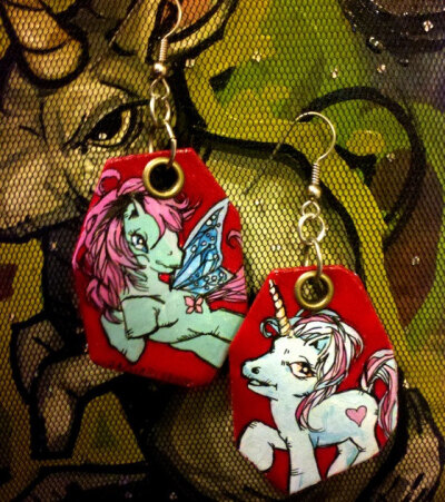 My Little Pony - Teal and Candy Apple Red hand painted earrings - unicorn pegasus