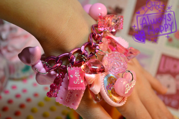 Pretty In Pink Barbie Yummy Candy Charms Stretch Bracelet - sweet lolita doll lovely kawaii girly girl shabby chic kitsch bow