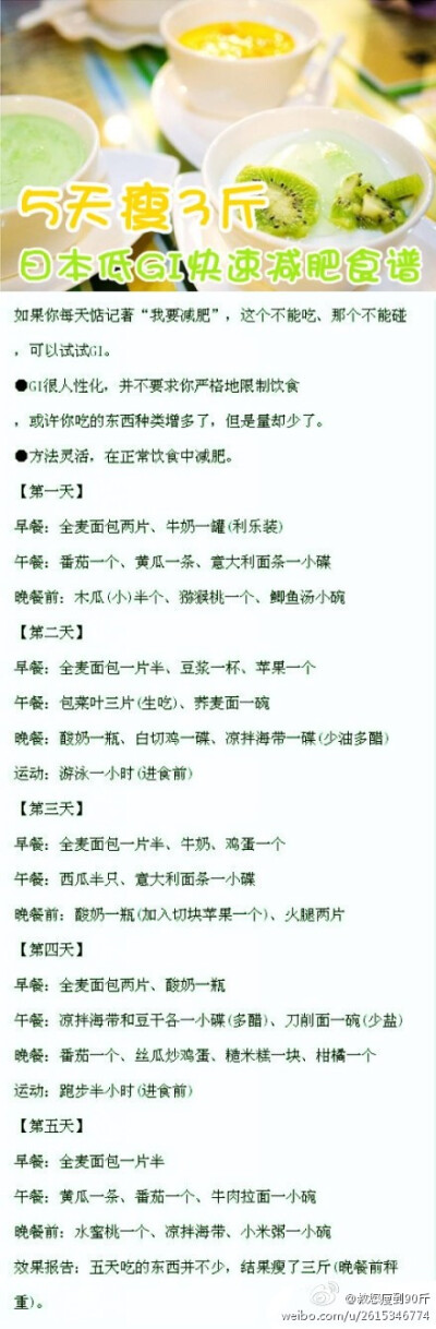 【日本低GI减 肥食谱 5天瘦3斤】想快速瘦身滴童鞋看过来~~每天只要健康de吃，一点都不用挨饿就能瘦~！！这个瘦身餐可以迅速减少脂肪在体内的堆积，是日本超流行哒饮食条件方法哦~灰常实用又健康的说！赶紧转走记下来…